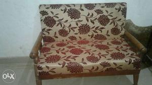 Brown And Red Cushion With Brown Wooden Frame Loveseat