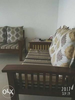 Brown Wooden Frame Fabric Cushion Loveseat