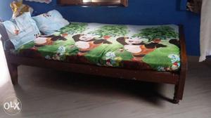 Brown Wooden Single Bed With Mattress