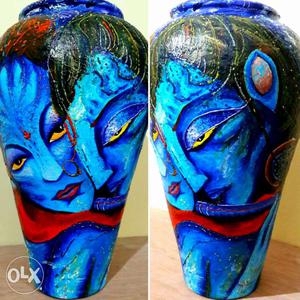 Handpainted terracotta vase: Avatar and krishna