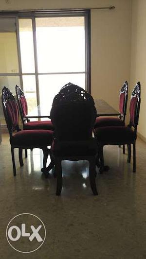 Marble top hand crafted 6 chairs wooden dining table