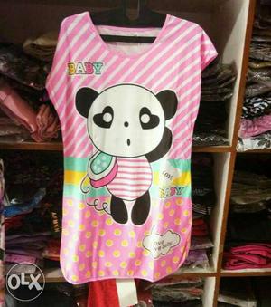 Pink And White Baby Panda Print Scoop-neck Cap-sleeved Dress