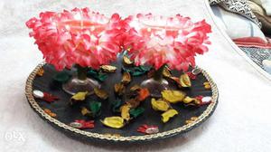 Red Flower Design Candle Holder With Tray