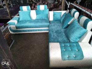 Teal And White Fabric Sectional Sofa