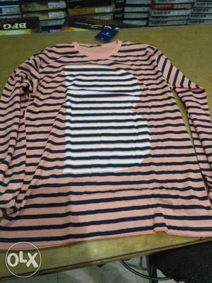 White And Black Stripped Crew-neck Long-sleeved Shirt