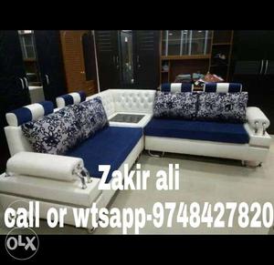 White And Blue Tufted Sectional Sofa