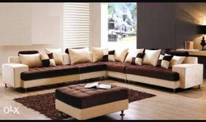 White And Brown 2-toned Sectional Sofa With Throw Pillows
