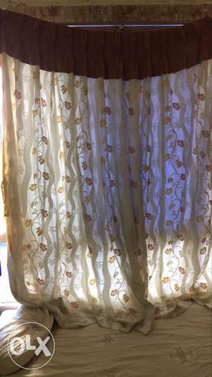 White And Brown Floral Print Window Curtain