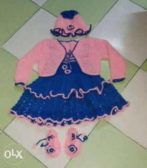 Baby dress Pink-and-blue Knit hand made Dress, Shoes, And