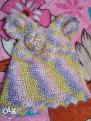 Baby's Purple And Yellow Wool Knitted Dress