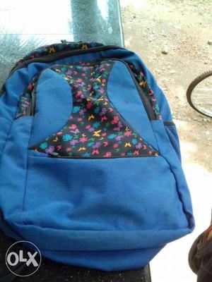 Black And Blue Floral-printed Backpack