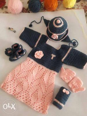 Black-and-peach Crochet Dress Set