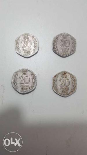 Four 20 Indian Paise Silver Coins