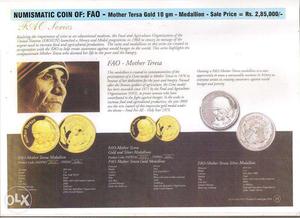 NUMISMATIC COIN OF: FAO - Mother Teresa Gold 10gm