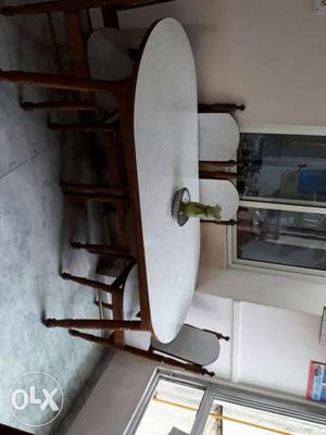 Oval White And Brown Wooden Dinning Table With Chairs Set