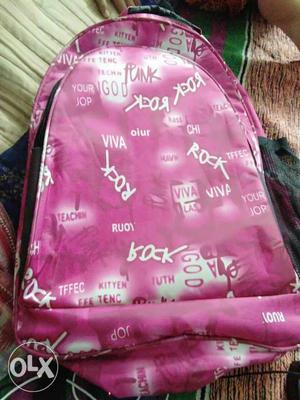 Pink And White Viva, ROCK, And Euo Print Backpack