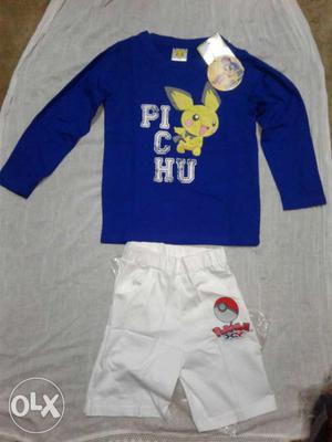 Toddler's Blue Pickachu Long-sleeved Shirt And White Pants..