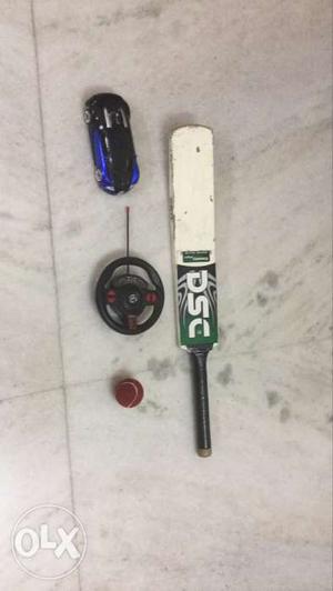 White And Green DSC Cricket Bat With Blue And Black RC Car