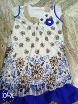 White, Blue And Brown Floral Scoop Neck Dress