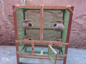 New Bird cage,Brown Wooden Framed Green Mesh Cage with pots