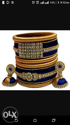 Brown And Blue Silk Thread Bangles And Pair Of Jhumkas