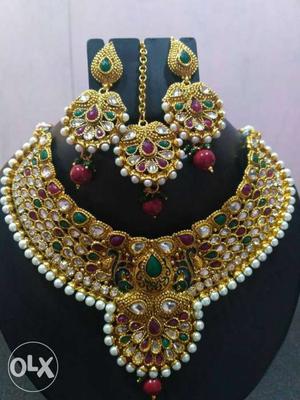 Gold-and-red Necklace And Earrings Set