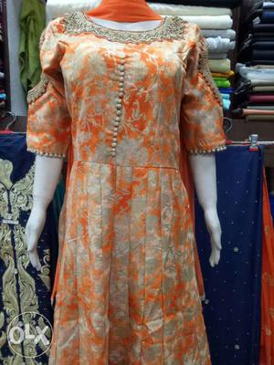 ORANGE Floral Scoop-neck Elbow-sleeve Dress BRAND NEW GOWN