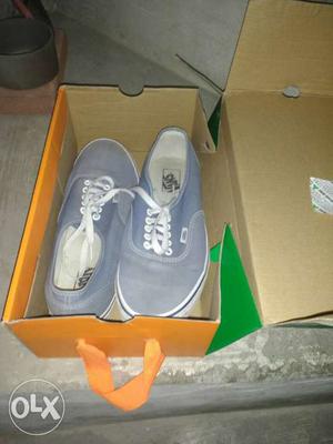 Pair Of Gray Vans Low Top Sneakers In Box size-9
