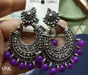 Pair Of Silver-and-purple Hoop Earrings