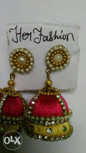Pairs Of Red-and-yellow Jhumka Earrings