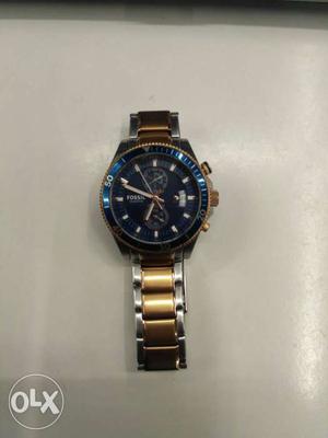 Round Blue Bezel Fossil Chronograph Watch With
