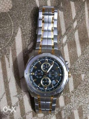 Round Silver-colored Black Chronograph Watch With Silver And