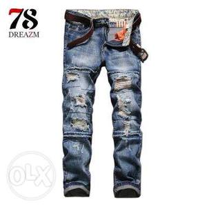 Whiskered Faded Distressed Blue Jeans