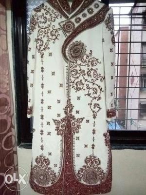 White And Brown Floral Long-sleeved Dress