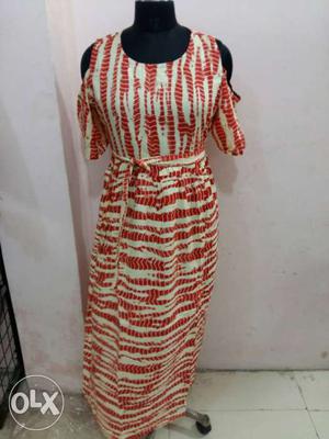 Women's Red And White Zebra-print Cold Shoulder Dress