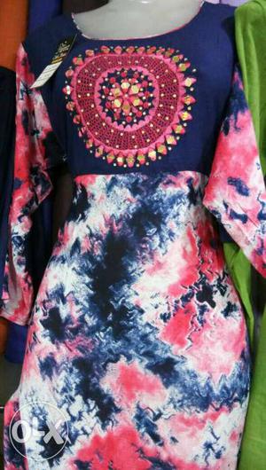 Blue, White, Red, And Pink Tie-dye Long-sleeved Boat Neck