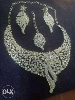 Diamond Encrusted Silver Bib Necklace And Pair Of Earrings