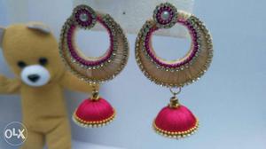 Pair Of Gold And Pink Dangling Earrings
