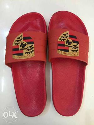 Pair Of Red Porsche Leather Slide Sandals