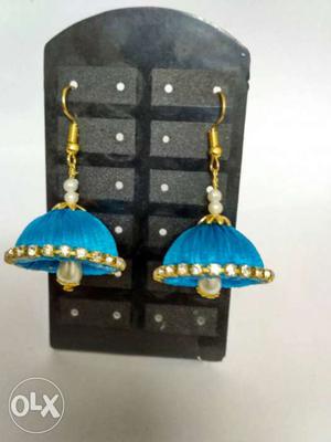 Pair of Blue and Pink handmade Jhumkas Earrings