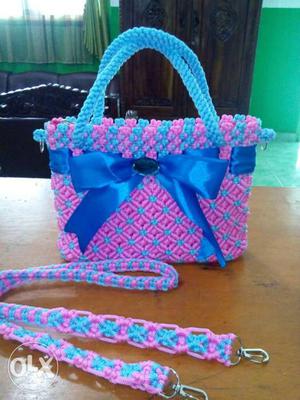 Pink And Blue Knit 2-way Handbag