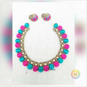 Pink And Teal Silk Thread Necklace And Pair Of Jhumkas