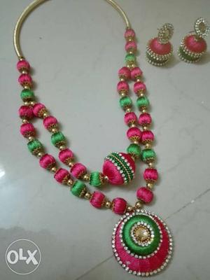 Pink-and-green Silk Thread Necklace And Jhumka Earrings
