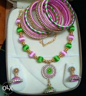 Pink-gold-colored-and-green Silk Thread Accessory Set