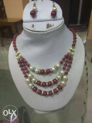 Red And Pearl Beaded 3-way Necklace With Hook Earrings Set