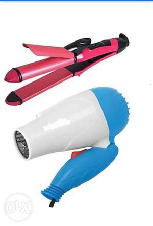 White And Blue Hair Dryer With Pink Hair Flat Iron