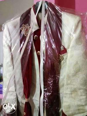 White And Red Sherwani Traditional Suit