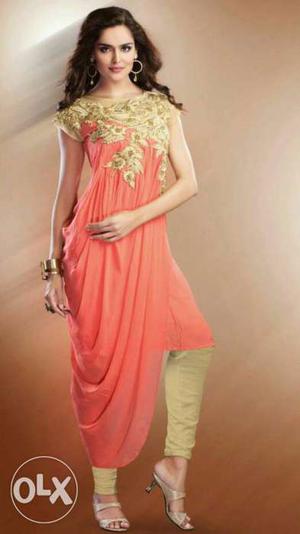 Women's Beige And Pink Floral Traditional Dress