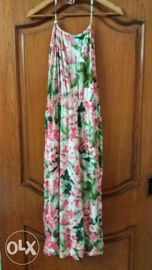 Women's Pink, White, And Green Floral Spaghetti Strap Dress