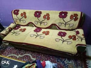 Beige, Red, And Blck Floral Sofa